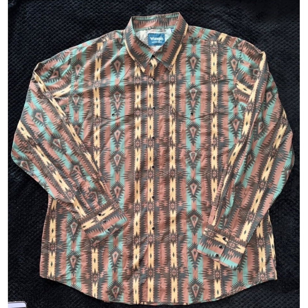 Wrangler Western Shirt Mens Brown Aztec Geometric Pearl Snap Size 2XL